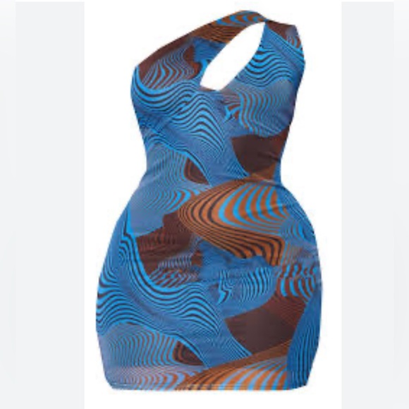 PrettyLittleThing Blue Contour Print Mesh One Shoulder Detail Bodycon plus dress - Picture 2 of 6